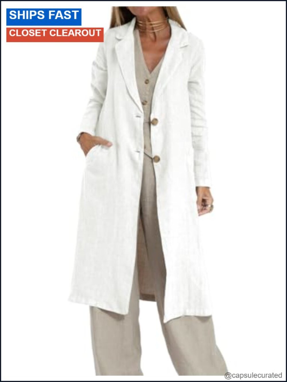 Long Sleeve Linen Trench Coat Blazer Notch Lapel Knee Length